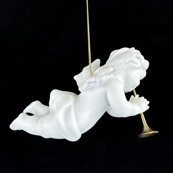 Vintage Porcelain Cherub Angel Hanging Figurine Gold Cord Brass Trumpet Ornament - Picture 5 of 16